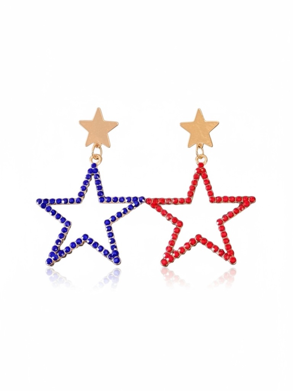 Star Red & Blue Allover Rhinestone Mismatched Gold Post 2.25“ Earrings